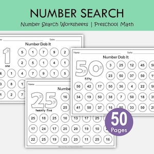 May include: Three black and white number search worksheets for preschool maths. The worksheets have the title "Number Search" and the text "Number Dab It". The worksheets feature numbers and the text "one", "twenty five", and "fifty". The image also includes a purple circle with the text "50 Pages".