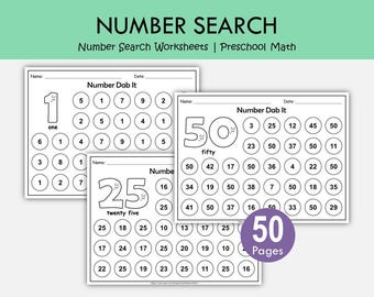 Number Search Worksheets 1-50, Number Recognition Printable, Find and Color Numbers, Preschool Math Activity, Kindergarten Worksheets