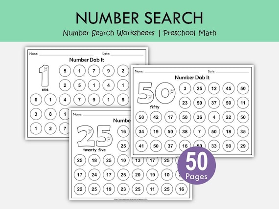 Number Search Worksheets 1-50, Number Recognition Printable, Find and Color Numbers, Preschool Math Activity, Kindergarten Worksheets