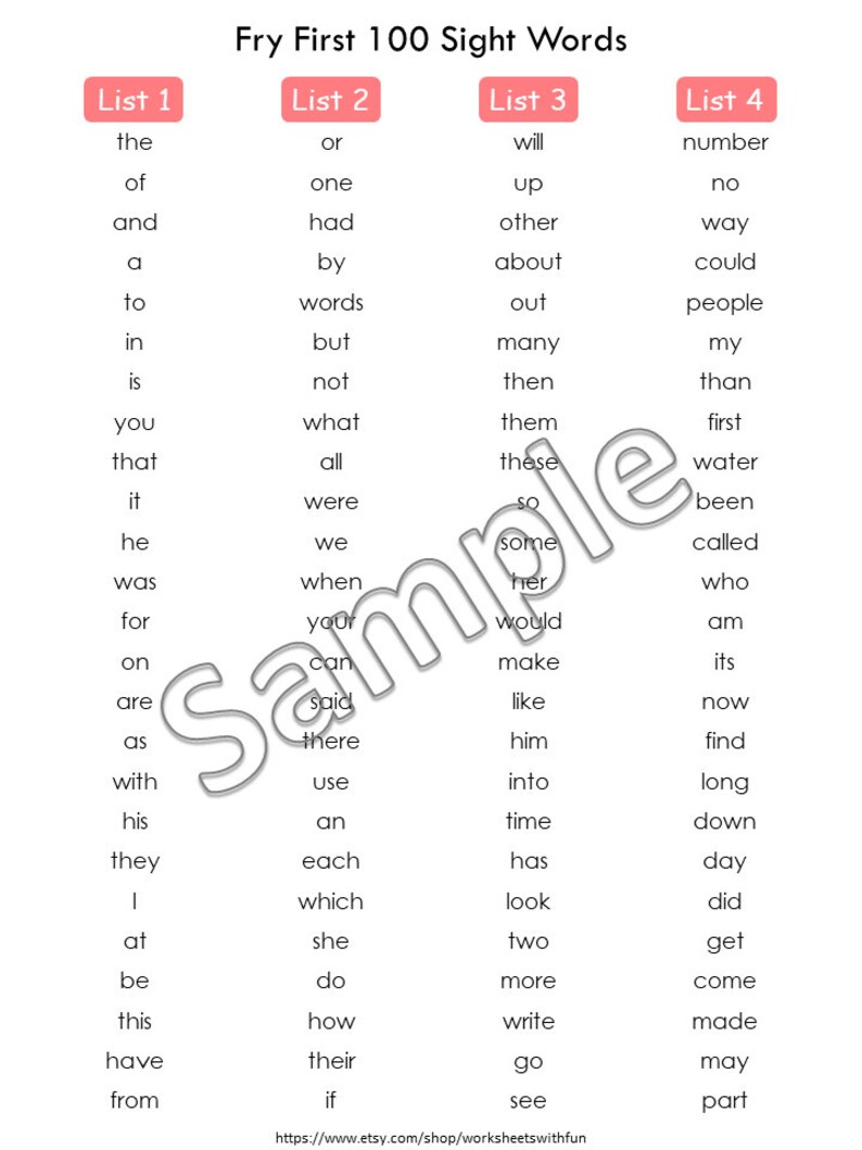 Fry First Hundred Sight Words Flashcards 100 High Frequency Etsy