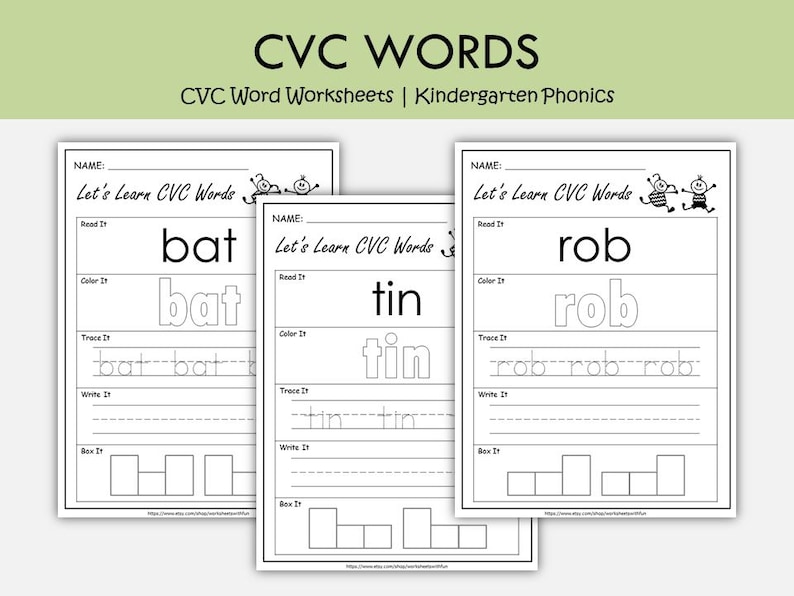 CVC Word Worksheets Kindergarten Phonics Printable | Read Trace Write Color Box It Activities | Short Vowel Literacy | Science of Reading image 2