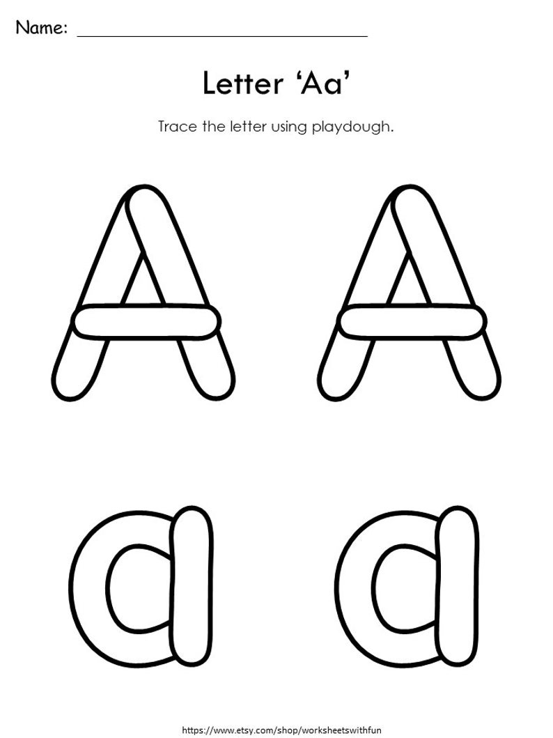 May include: Black and white printable worksheet for tracing the letter 'Aa' using playdough. The worksheet includes two uppercase and two lowercase letters 'A'.