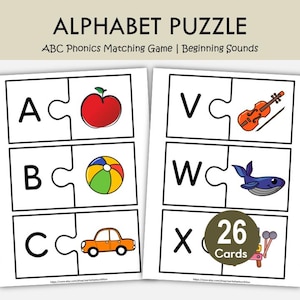 Rompecabezas imprimible para emparejar letras del alfabeto, actividad de sonidos de letras, juego de emparejamiento de fonética ABC, alfabetización para preescolar y jardín de infantes, sonidos iniciales.