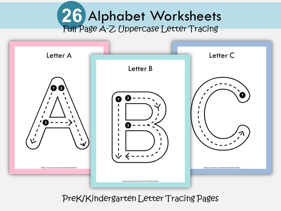 Alphabet Tracing Worksheets - Uppercase Letters | Preschool Kindergarten Printable | ABC Tracing Cards | Full Page A-Z Handwriting Practice