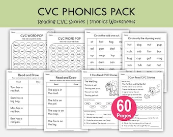 CVC-läsförståelsearbetsblad | Korta CVC-berättelser | Utskrivbara fonetik | CVC-meningar för förskoleklass 1
