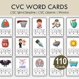 Tarjetas de vocabulario imprimibles con imágenes de palabras CVC / Tarjetas de combinación fonética / Práctica de lectura de vocales cortas para niños