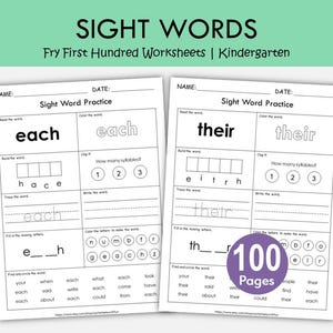 100 Printable Sight Words Worksheets for Kids | Fry First Hundred Sight Word Workbook | Preschool, Kindergarten, Grade 1 | Learn to Read