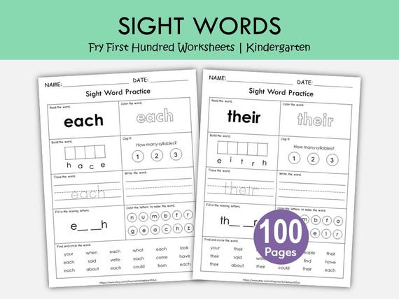 100 Printable Sight Words Worksheets for Kids | Fry First Hundred Sight Word Workbook | Preschool, Kindergarten, Grade 1 | Learn to Read
