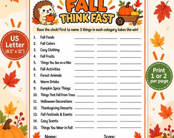 Fall Think Fast Game Printable, Fall Party Game, Autumn Classroom Activity, Thanksgiving Family Game