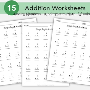 15 Addition Math Worksheets Printable Single Digit Sums Practice Up to 20 Math Drills for Kindergarten & First Grade Homeschool Resource