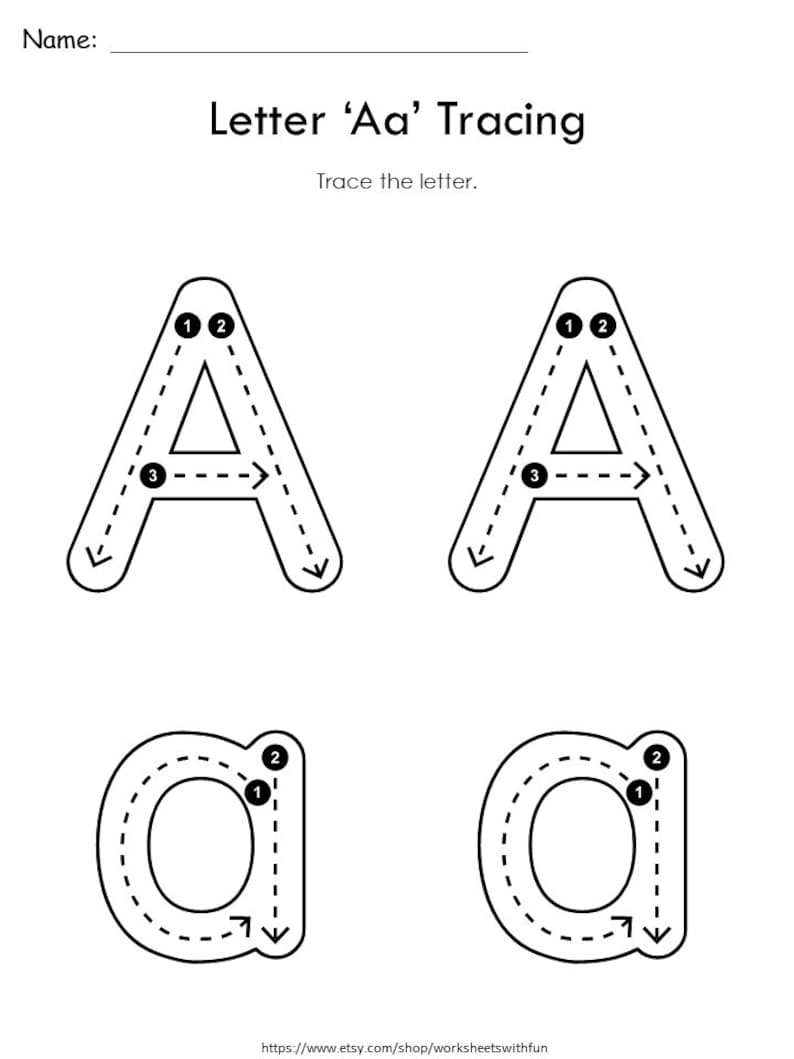 May include: Black and white printable worksheet with dotted lines for tracing the letters A and a. The worksheet includes the text "Letter 'Aa' Tracing" and "Trace the letter."