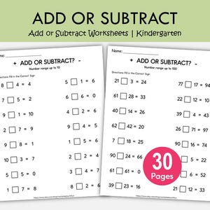 Op de afbeelding: Twee werkbladen met wiskundeproblemen voor de kleuterschool. De werkbladen heten "Optellen of Aftrekken" en bevatten optel- en aftrekproblemen met getallen tot 10 en 100. Een roze cirkel geeft 30 pagina's aan.