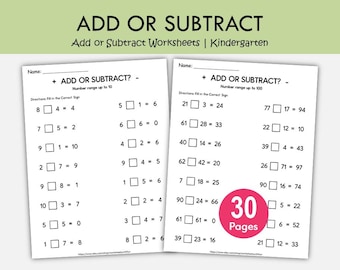Additions- och subtraktionsarbetsblad, plus-minusteckenövning, mattearbetsblad 1-100, matematik för årskurs 1, utskrivbar PDF