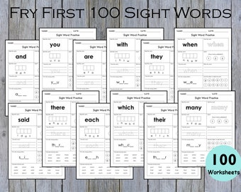 100 Printable Sight Words Worksheets, Fry First Hundred Sight Word Work, Learn to Read, Kindergarten Phonics Book, Toddler Spelling, Grade 1