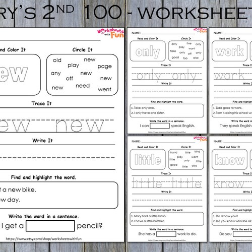100 Printable Fry First Hundred Sight Words Worksheets for - Etsy