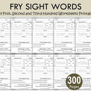 Fry Sight Words Worksheets | Fry First, Second & Third Hundred Reading and Writing Practice Printables | Digital Download