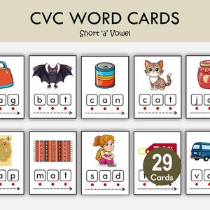 CVC Words Picture Flashcards Printable | Phonics Blending Cards | Short Vowel Reading Practice for Kids image 2