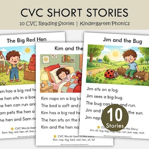 Può includere: Un set di 10 storie brevi CVC per la fonetica della scuola dell'infanzia, composto da tre pagine stampate con illustrazioni colorate di bambini e animali. Ogni pagina include un titolo, una storia con frasi semplici e un elenco di parole CVC.