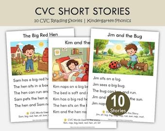 10 CVC Reading Stories Printable | Kindergarten Phonics Worksheets | Decodable Readers | Early Reader Activities PDF