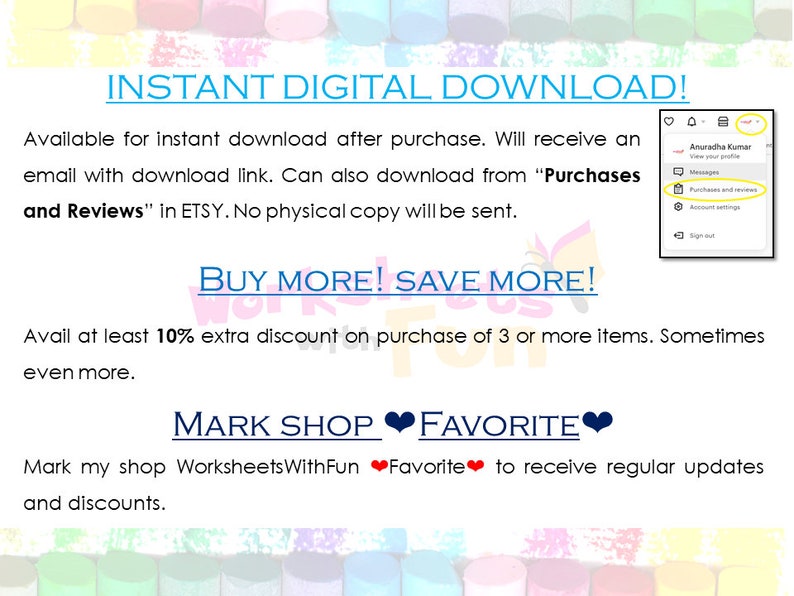 K&ouml;nnte beinhalten: Digitales Bild mit Text, der Sofort-Downloads bewirbt. Der Text enth&auml;lt "INSTANT DIGITAL DOWNLOAD!" und "BUY MORE! SAVE MORE!" mit einem Rabattangebot. Es ermutigt auch Benutzer, "MARK SHOP FAVORITE" f&uuml;r Updates.