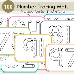 Kaarten voor het traceren van cijfers, flashcards voor het traceren van cijfers, werkbladen voor kleuters, cijfers leren, afdrukbaar voor kleuters, kaarten cijfers 1-100