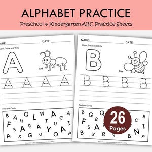 Alphabet Worksheets Printable, Letter Recognition Activities, Trace and Write Alphabet, Preschool Kindergarten ABC Practice Sheets