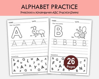 Alphabet Worksheets Printable, Letter Recognition Activities, Trace and Write Alphabet, Preschool Kindergarten ABC Practice Sheets
