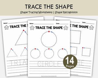 Shape Tracing Worksheets Printable, 14 Preschool Shapes Practice Pages, Kindergarten Shape Recognition Activities PDF