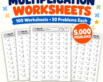 100 Multiplication Worksheets, Times Tables Practice, Math Drills, Multiplication Fact Fluency Printable