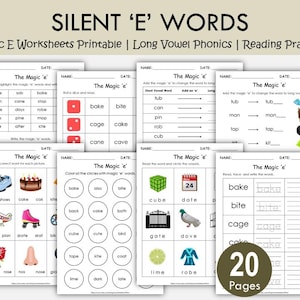 マジックEワークシート印刷可能 | サイレントE長母音フォニックス | 読み書き練習 | 幼児向け早期読書練習