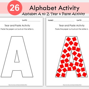 Actividad del alfabeto preescolar, hojas de trabajo de letras para preescolar, hojas de trabajo para jardín de infantes, 26 actividades de rasgar y pegar, reconocimiento de letras mayúsculas