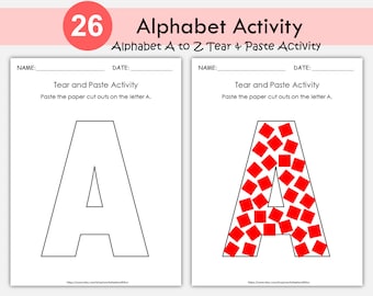 Alphabet Tear and Paste Worksheets, Printable for Preschool & Kindergarten, Fine Motor Alphabet Activity, A to Z Letter Craft, Homeschool