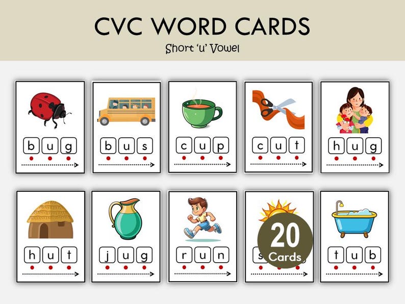 CVC Words Picture Flashcards Printable | Phonics Blending Cards | Short Vowel Reading Practice for Kids image 6