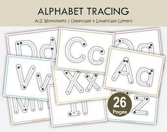 Alphabet Tracing Worksheets A-Z Printable, Uppercase & Lowercase Letter Practice, Preschool Kindergarten Handwriting Practice Sheets