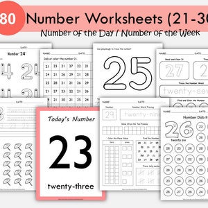 Numbers 21-30 werkbladen voor de kleuterschool, rekenwerkboek voorschoolse voorschoolse educatie, nummer van de dag afdrukbaar, cijfers overtrekken en schrijven