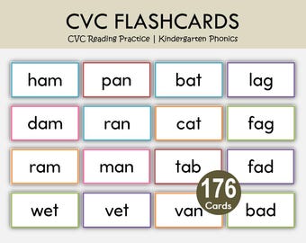 176 CVC Words Flashcards Printable | Phonics Flash Cards for Kindergarten Preschool | Short Vowel Reading Practice
