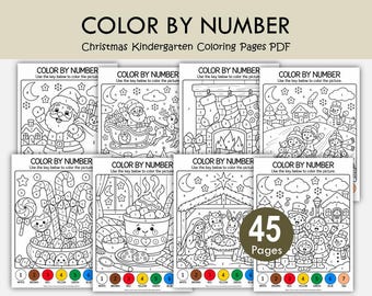 Könnte beinhalten: Eine Sammlung von 45 Malen-nach-Zahlen-Weihnachts-Ausmalbildern für den Kindergarten im PDF-Format. Jede schwarz-weiße Seite enthält nummerierte Abschnitte, darunter Szenen mit dem Weihnachtsmann, Strümpfen, Zuckerstangen und einer Krippe.