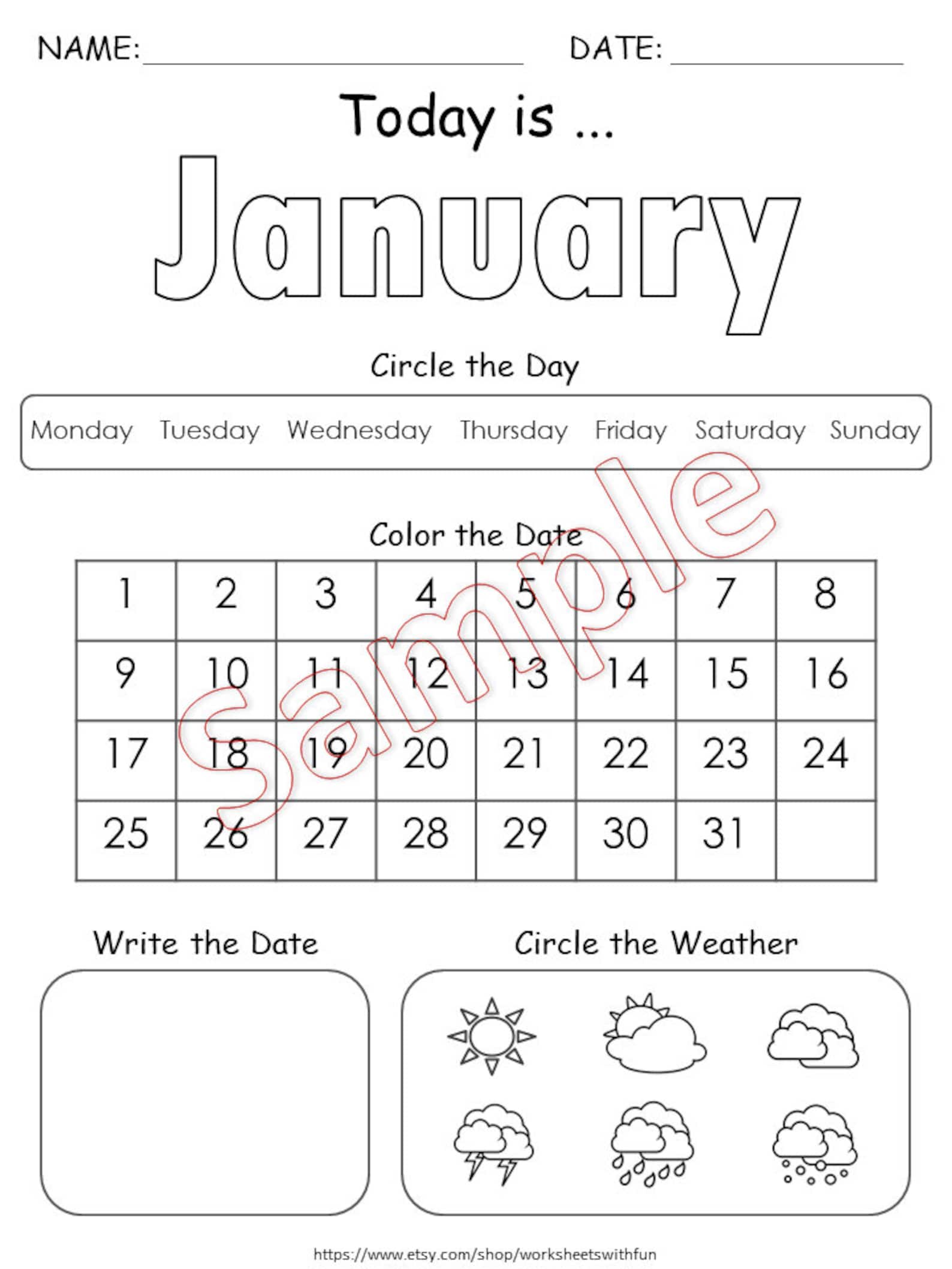 Preschool calendar worksheets printable kids monthly digital etsy