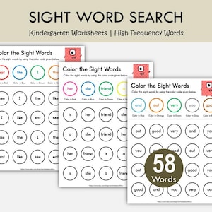 Könnte beinhalten: Drei pädagogische Arbeitsblätter mit dem Titel Sight Word Search und Color the Sight Words. Jede Seite enthält ein Raster aus Kreisen mit häufigen Wörtern und einen farbcodierten Schlüssel oben. Eine kleine rote quadratische Figur ist zu sehen.