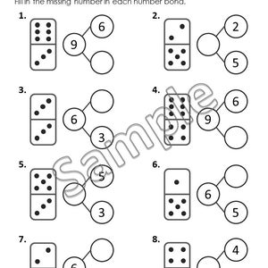 May include: A black and white worksheet titled "Domino Number Bonds" with number bond problems. Each problem features dominoes and circles for filling in missing numbers. The worksheet includes the text "Fill in the missing number in each number bond."