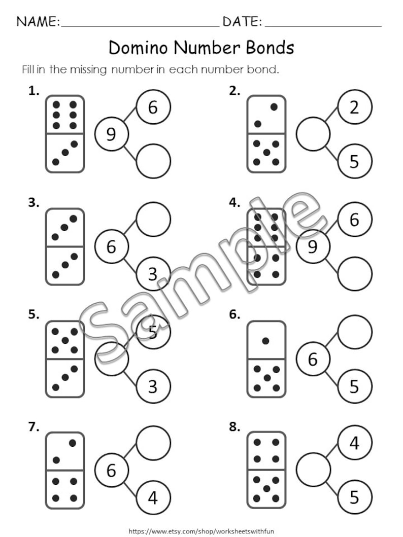 May include: A black and white worksheet titled "Domino Number Bonds" with number bond problems. Each problem features dominoes and circles for filling in missing numbers. The worksheet includes the text "Fill in the missing number in each number bond."