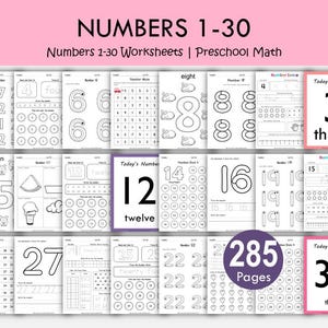 Schede di lavoro stampabili "Il numero della settimana", Schede di lavoro sui numeri da 1 a 30, Esercizi di tracciamento dei numeri, Conteggio dei numeri, Programma scolastico prescolare, Quaderno di lavoro per bambini piccoli