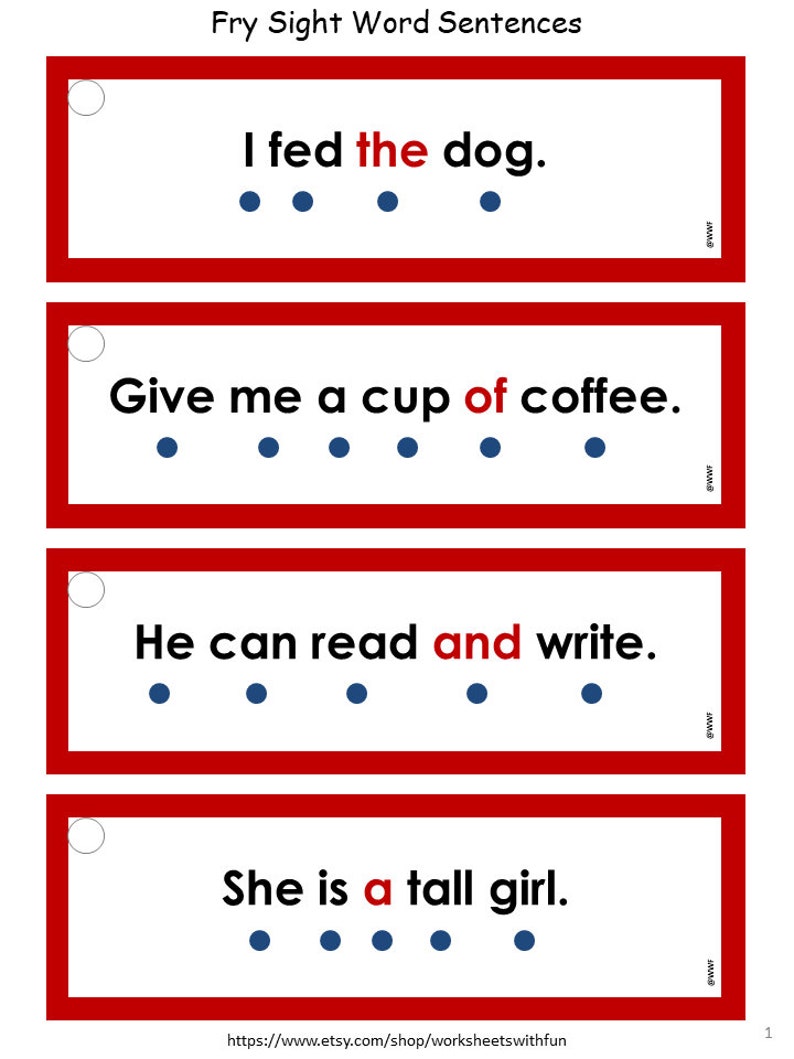 Fry Sight Words Simple Sentences Printable First Hundred Fry Etsy