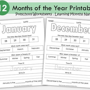 Mois de l'année, feuilles de calcul imprimables, programme d'études pour la maternelle, traçage, dossier pour tout-petits, ressource Montessori, école maternelle, école à la maison pour enfants