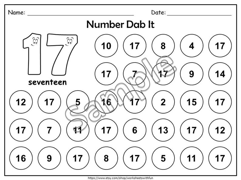 May include: Black and white worksheet titled "Number Dab It" with the number 17 and the word "seventeen" displayed. The worksheet includes circles with numbers, designed for a number recognition activity. The top has spaces for a name and date.