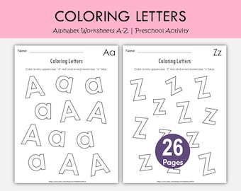 Alphabet Worksheets Printable A-Z, Uppercase Lowercase Letters, Letter Recognition Activity, Preschool Kindergarten Coloring Pages