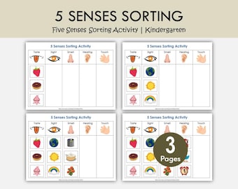 Peut inclure: Document éducatif imprimable avec une activité de « tri des 5 sens » pour la maternelle. Les feuilles de travail comprennent des illustrations pour le goût, la vue, l'odorat, l'ouïe et le toucher. L'image montre trois pages.