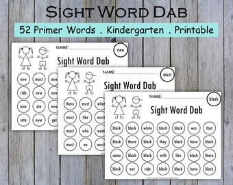 Sight Words Dab It Worksheets Printable - Kindergarten Activities - 52 Kindergarten Dolch Sight Words Practice - Instant Download