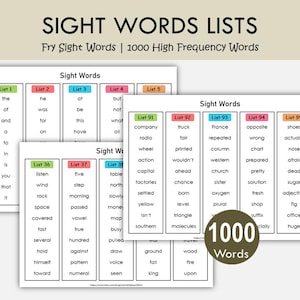 Puede incluir: Múltiples listas de palabras de vista con el título "SIGHT WORDS LISTS" y el texto "Fry Sight Words | 1000 High Frequency Words". Las listas están organizadas con columnas numeradas e incluyen un gráfico circular con el texto "1000 Words".