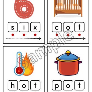 May include: Educational flashcards featuring colorful illustrations and word formations. Includes a red number 6, a brown crib, a thermometer with flames, and a red pot with a blue lid. Each card has letter blocks spelling out words like "six", "cot", "hot", and "pot".